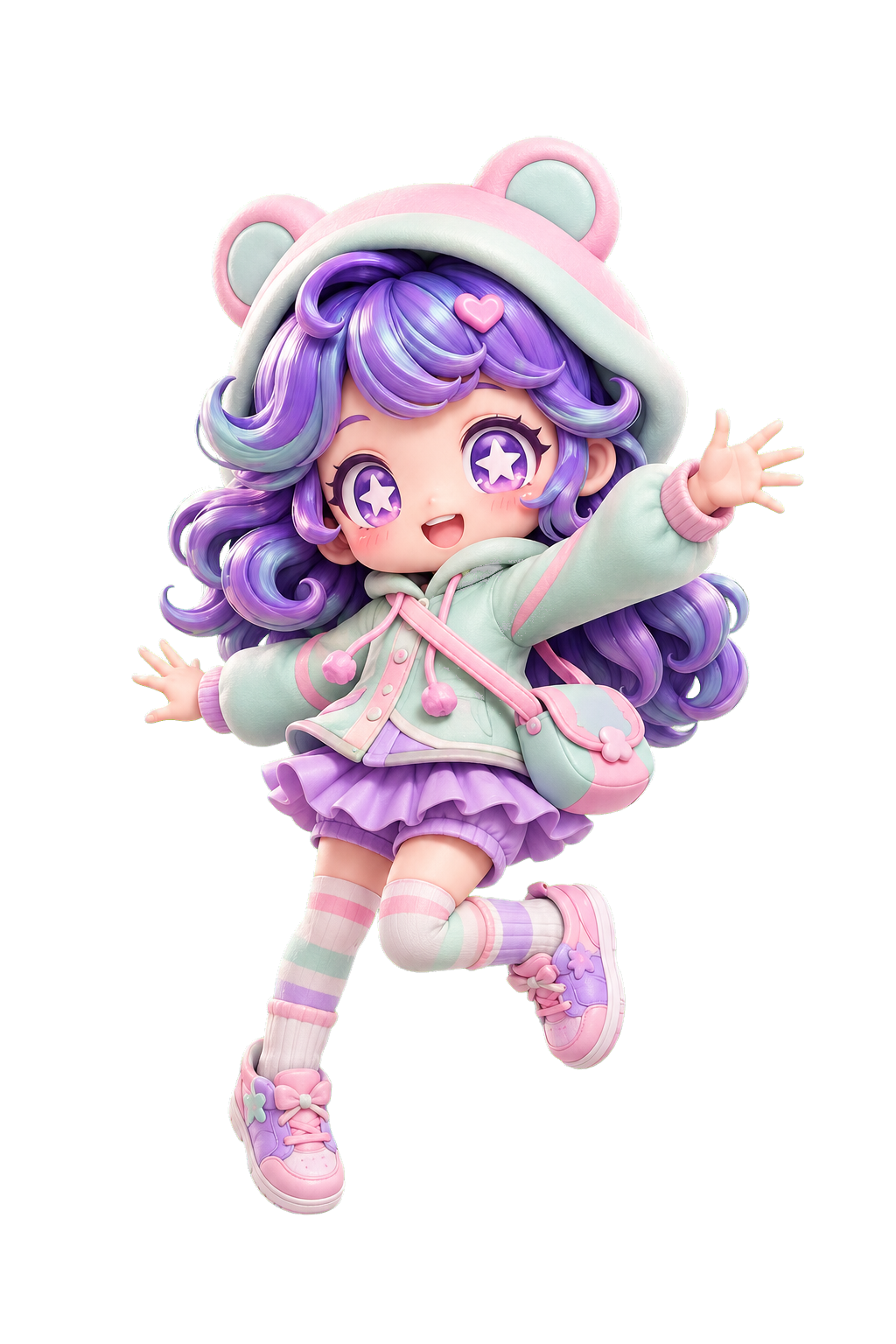 Mochi, a joyful chibi girl in a mint and pink animal hoodie